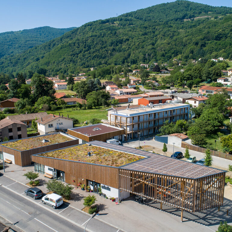 Photo aérienne - Toiture végétalisée arrière plan Pyrénées